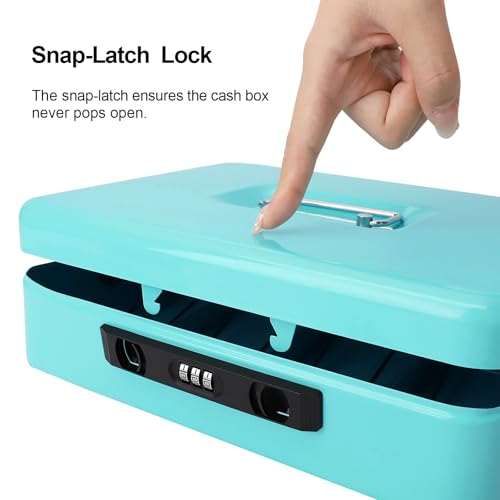 Jssmst Metal Cash Box with Money Tray and Lock, Portable Cash Drawer, 11.8" - color: Light Blue Code-B