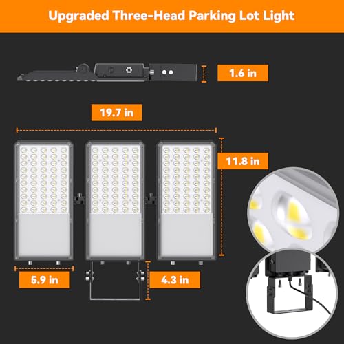 200W Upgraded LED Parking Lot Light with Photocell 30000lm 5000K, ETL, IP66 Waterproof Adjustable 3-Head Commercial Lighting Outdoor, Trunnion Mount, Flood Lights for Roadways, Driveways - color: bracket, size: 200W