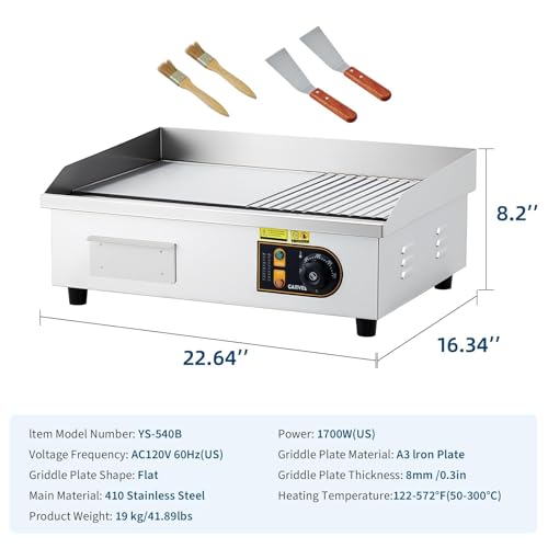 22” Commercial Electric Griddle, 120V 1750W Countertop Griddle, 120-570°F Adjustable Temp, Stainless Steel Electric Half-Flat Top Grill with Removable Drip Tray for Restaurant/Kitchen/Home - size: 22 inch (Half-Flat)