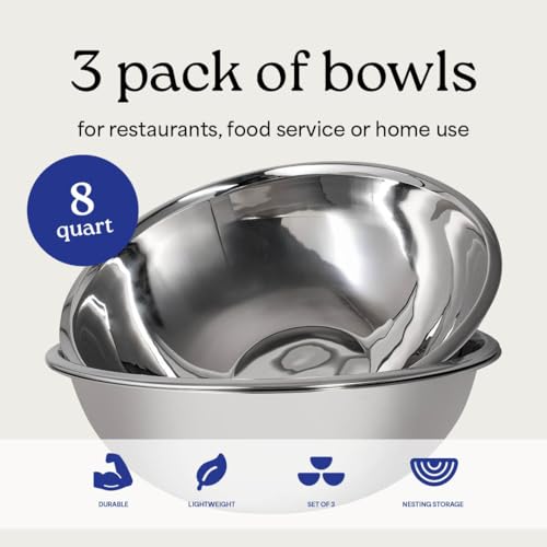 8 Quart Large Stainless Steel Mixing Bowls Set, 3-Pack, Nesting Bowls