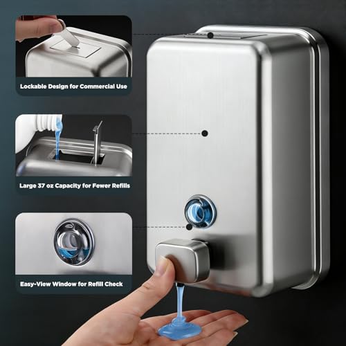 Gorlary Commercial Soap Dispenser Wall Mount, 37 fl oz, Silver