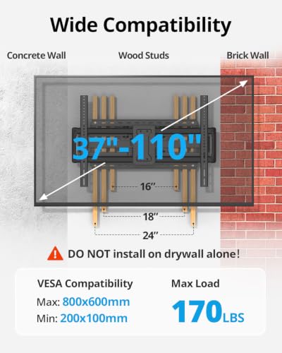 USX STAR 85 86 98 100 inch Heavy Duty TV Wall Mount for 37-110 inch Large TVs, Pre-Assembled TV Mount with Tool-Free Tilt, Up to 170lbs, VESA 800 x 600mm, 24″ Wood Studs - size: 37-110"