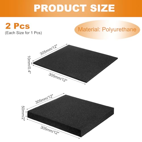 MECCANIXITY 2 Pcs Black Foam Inserts 12"Lx12"Wx2"T & 12"Lx12"Wx0.4"T - size: 12"Lx12"Wx2"T / 12"Lx12"Wx0.4"T
