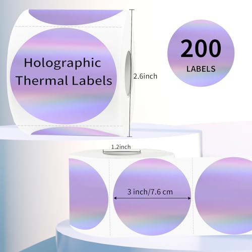 3" Holographic Direct Thermal Label Stickers, Round Printable Rainbow Glitter Thermal Printer Sticker Labels for Gift Wrapping, Self-Adhesive DIY Custom Logo Design- Holographic Purple - color: Holographic Purple, size: 3 inch