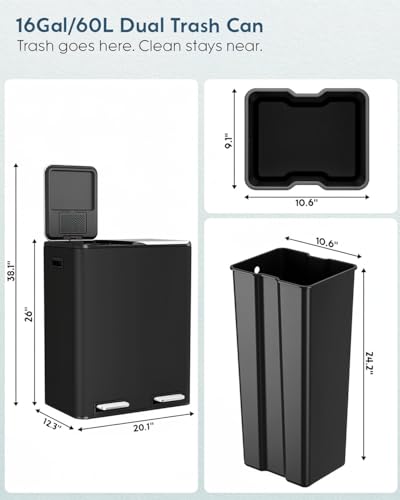 Arlopu 16Gal Dual Trash Can w/2 Built-in Box for Odor Control - color: Black