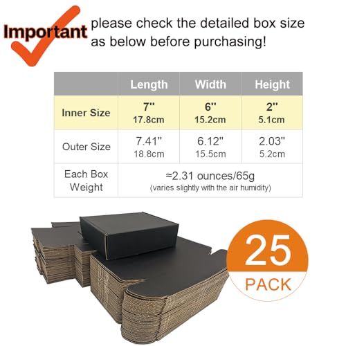 7x6x2'' Small Shipping Boxes 25 Pack, Black Corrugated Cardboard Mailers for Small Business (CM762B25) - color: Black-25 Pack, size: 7x6x2''