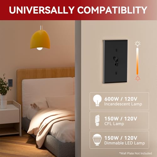 AIDA Toggle Slide Dimmer Switch for Dimmable LED Light/CFL/Incandescent 600 Watt max, Single-Pole or 3-Way, Rocker On/Off Wall Switch with Dimmer Slider, Wall Plate NOT Included, UL, Black, 1 Pack - color: Black, size: Dimmer without Wall Plate