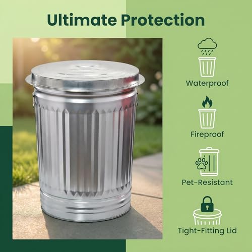 31 Gallon Galvanized Steel Trash Can with Lid, Metal Garbage Can