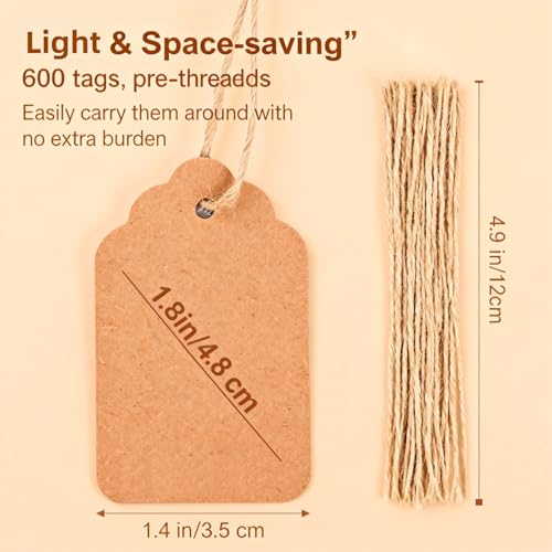 600 PCS Pre-Strung Key Tags with String Attached, Brown Kraft Paper Key Labels, Writable Blank Tags, 1.4 x 1.8 Inch for Key Organization, Inventory Management, Retail Pricing, Clothing and Jewelry