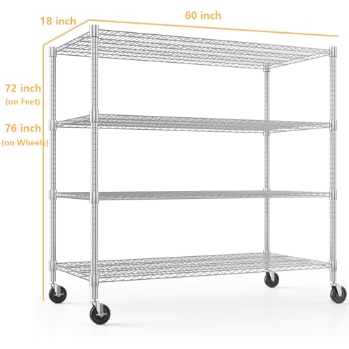 Himimi Storage Shelves with Wheels, 4-Tier Heavy Duty Steel Wire Rack Storage Shelving, Adjustable Metal Storage Shelves for Garage Kitchen Pantry Bathroom Laundry 18" D*60" W*72" H, Silver - color: Silver, size: 18"D×60"W×72"H, 4-Tier