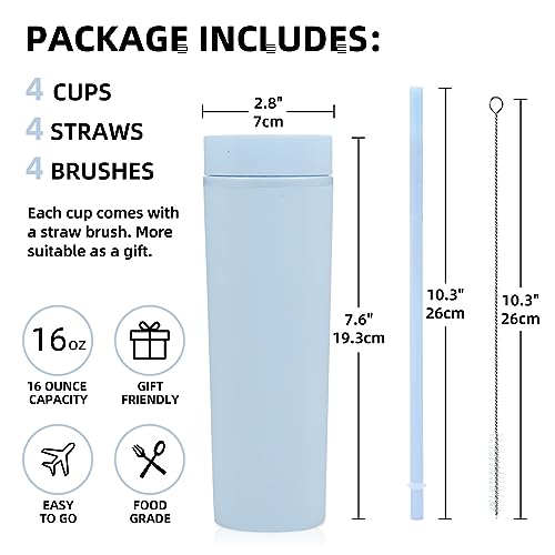 Volhoply 16oz Plastic Skinny Tumbler With Lid and Straw Bulk 4 Pack,Insulated Double Wall BPA Free Matte Acrylic Tumblers,Iced Coffee Travel Mug Reusable Party Cup,Customizable Diy Gifts(Blue,4 Set) - color: Blue