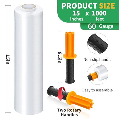 Stretch Film, HERKKA Stretch Wrap with Handles Industrial Strength, Moving Wrapping Plastic Roll, Shrink Wrap for Pallet Wrap, 15" x 1000 Feet, 1 Pack, 80 Gauge - size: 1 Pack, style: 80 Gauge