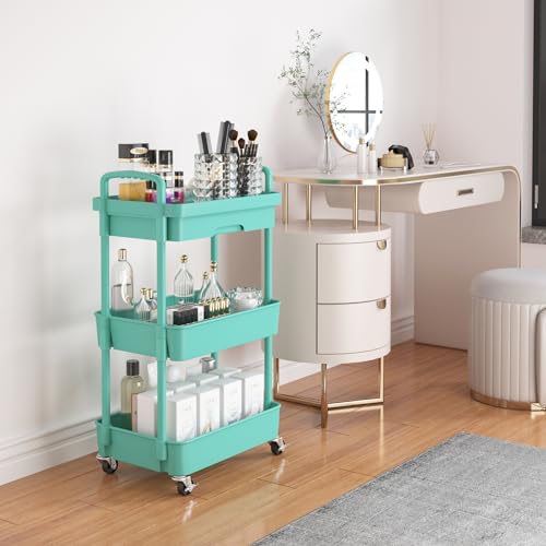 Calmootey 3-Tier Utility Cart with Drawer & Wheels, Storage for Home,Office - color: Green, size: 3-Tier