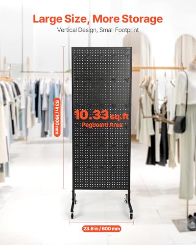 VEVOR Standing Pegboard Display, 23.6 x 63 in Pegboard Display Stand with Swivel Casters and 30 Hooks, Thickened Cold-Rolled Steel Peg Board Panel for Grocery, Retail Store and Jewelry Shop, Black