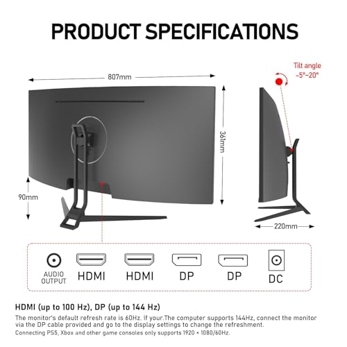 Gawfolk 34 Inch Ultrawide Curved 144Hz Gaming Monitor,UWQHD PC Screen