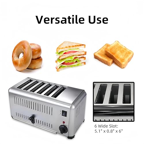 Electric 6 Slice Countertop Pop-up Toaster, Stainless Steel Commercial Restaurant Toaster Machine with 6 Wide Slots for Bagel Bread, 1-5 Minutes Timer Cooling Vents