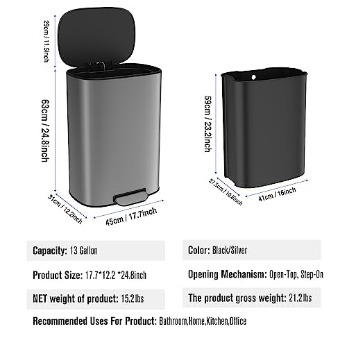 Pouseayar 13 Gallon Stainless Steel Trash Can, Silver Gray, 12.2"L x 17.7"W x 24.8"H - color: Silver Gray