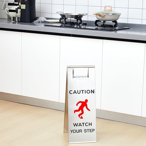Tandefio 2 Pcs Stainless Steel Caution Watch Your Step Signs 24 Inch Foldable Wet Floor Sign Double Sided Commercial Safety Warning Industrial Warning Mark for Office Hotel Market Restroom Restaurant