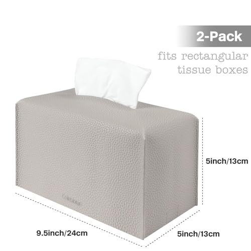 2 Pcs Rectangular Tissue Box Cover, PU Leather Tissue Holder Facial Tissue Case Dispenser for Bathroom, Vanity Countertop, Tabletop, Car, Office,9.5X5X5 Inch - Light Gray - color: Rectangle Grey Set of 2