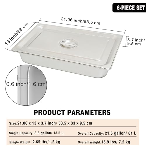 6 Pack Stainless Steel Hotel Pans,Full Size 4 Inch Deep 0.8mm Thick Anti Jam Commercial Food Pans with lid,for Steam Tables, Restaurants, Catering & Industrial Use