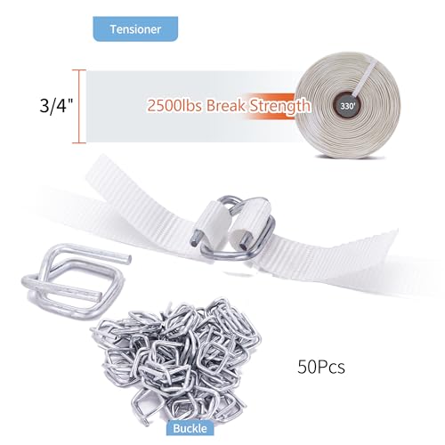 Heavy Duty Pallet Banding Strapping Kit with Woven Cord Tensioner, 3/4" x 330' Woven Cord Roll and 50 pcs Strapping Buckles - 2500Lbs Break Strength - color: Woven Strapping Kit