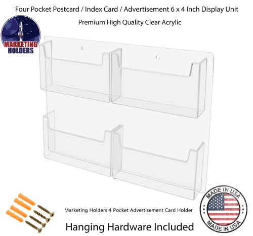 Marketing Holders Postcard Holder with Hanging Hardware 4 Slot Wall Mounting Clear Acrylic Multi-pocket for 6" x 4" Index Cards Organizer Rack Display Space Saver Hotels Motels - size: 13.5"W x 11"H x 1.75"D