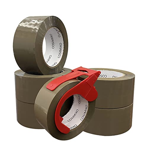 COSIMIXO 6-Pack Heavy Duty Brown Packing Tape with Dispenser, 2.5 mil x 1.88 inch x 110 Yards,Ultra Strong,Industrial Shipping Box Tan Packaging Tape for Moving, Office, & Storage