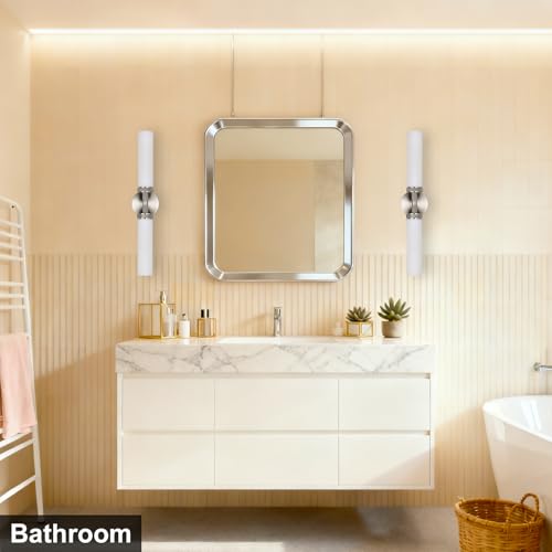 LaLuLa Brushed Nickel Vanity Lights – 2-Light Hardwired Bathroom Light Fixtures with White Glass Shades and Textured Metal Body, Chrome Wall Sconces for Over Mirror or Hallway - color: White Glass-Nickel, size: 1 Pack