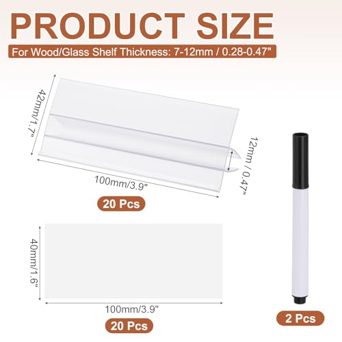 PATIKIL 3.9" x 1.7" Wire Shelf Label Holder, 20 Pack Reusable Plastic Price Tag Display Clip for 0.28" to 0.47" Thick Shelves with Paper Inserts Pens for Home Market Store, Clear - size: 3.9" x 1.7"(0.28-0.47)