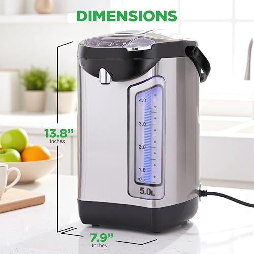 NutriChef Electric Water Boiler and Warmer - 5L/5.28 Qt Stainless Steel Hot Water Dispenser w/Rotating Base, Keep Warm Temperature Set, Auto Shut Off, Safety Lock, Instant Heating for Coffee & Tea - size: 5.3 Quarts