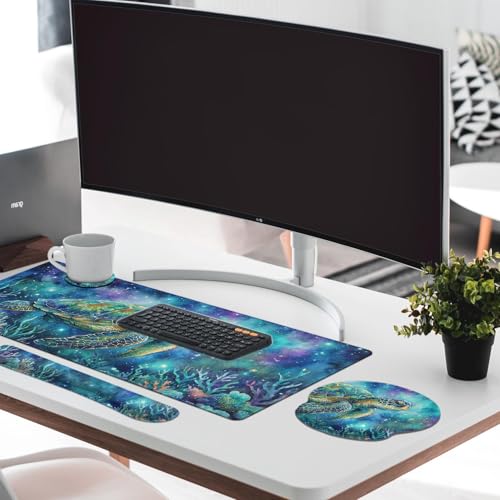 Britimes Keyboard Mouse Pad Set, 4 in 1 Desk Mat Set, Ocean Turtle - color: Turtle Galaxy