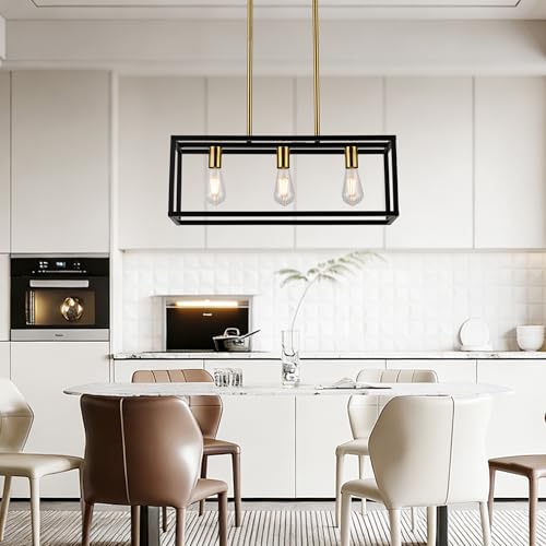Farmhouse Kitchen Island Lighting, Modern Industrial Chandelier, 3-Light Black&Brushed Brass Linear Rectangular Pendant Light Fixtures for Farmhouse Kitchen Dining Room Bar Foyer - color: Black&Brass, size: 3 Lights