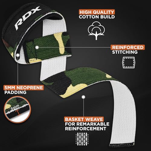 RDX Lifting Straps for Weightlifting –100% Cotton Heavy Duty Gym Wrist Strap with 5MM Neoprene Padding, 60CM Anti-Slip Hand Grip Wraps for Deadlifts Powerlifting Workouts Strength Training, Men Women - color: Camo Green