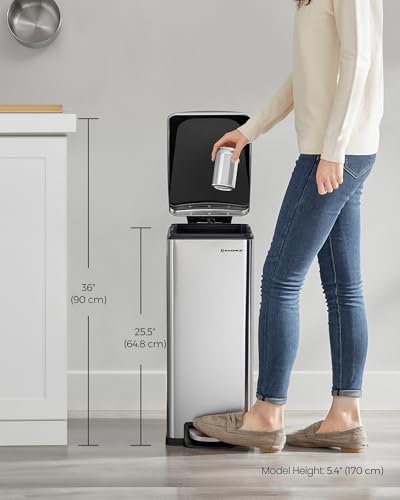 SONGMICS Kitchen Trash Can with Lid, 13-Gallon (50 L) Slim, Stainless Steel - color: Silver, style: 13 Gal.