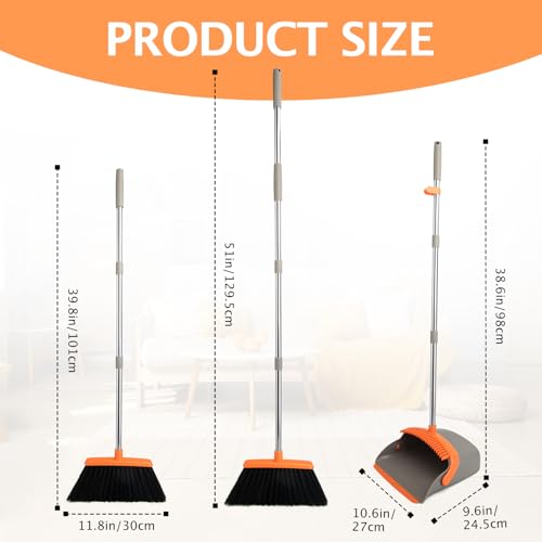 2-Pack Broom and Dustpan Combo Set, Long Handle, Gray Orange - color: Gray Orange 2-pack