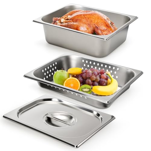 Kingrol 3 Pack 1/2 Steam Table Pan, 4 Inch Deep Half Size Stainless Steel Hotel Pans with Lid, Perforated Steam Pan, Chafing Pans for Buffets, Catering, and Commercial Kitchens