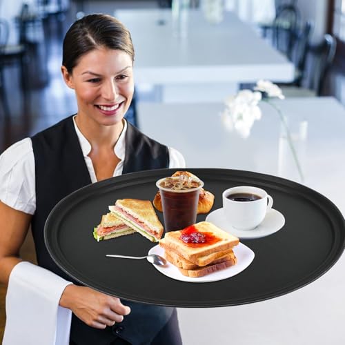 6 Pcs 24 Inch x 29 Inch Large Restaurant Serving Trays, Black PP Plastic Non Slip Tray,Oval Plastic Food Serving Tray with Raised Edges for Home Kitchen Restaurant Cafeterias Fast Food Service