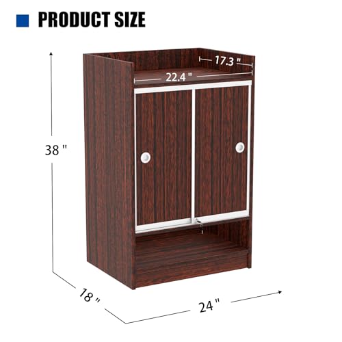 24”W * 18”D * 38”H - Walnut Retail Cash Register Stand Cash Wrap Checkout Desk Portable Counter Podium Stand with Drawer & Glass Shelving Case for Retail Store, Meetings Reception & Church