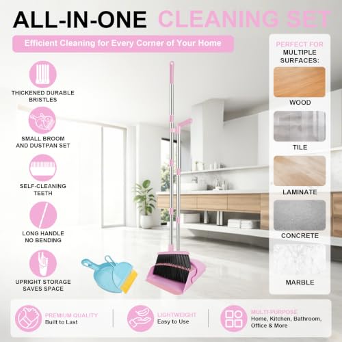 Pink Broom and Dustpan Combo Set, 51" Long Handle Broom with Mini Set - color: Pink, size: Normal