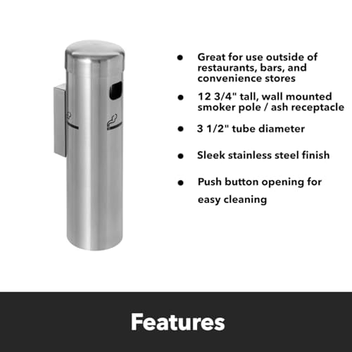 Wall-Mounted Cigarette Receptacle – 12 3/4" Outdoor Ash Disposal Tube with Push-Button Emptying – Weather-Resistant Smoker Pole for Restaurants, Bars & Convenience Stores (Stainless Steel) - color: Stainless Steel