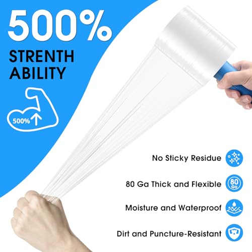 MROCO Stretch Wrap Film 5" x 1000ft with 2 Handles, 80 Gauge, Clear, 6 Pack