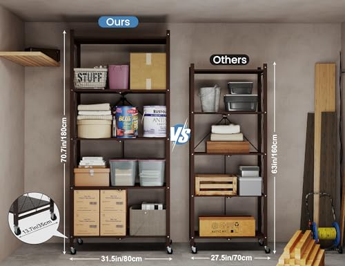 ALANNG 70.7" H Metal Storage Shelves, 5 Tier Folding Shelf on Wheels - color: Vintage Brown