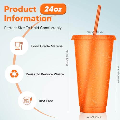 24 Pack Plastic Tumblers with Lids and Straws, Reusable Colorful Cups for Parties, Birthdays, Iced Coffee, Travel, Cold Drink Bulk Tumblers (24 oz, Orange) - color: Orange-24pcs