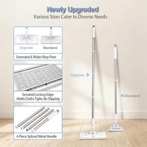 Pawnexa Mop,Clamp Mop,Hands Free Multi Purpose Flat Mops with Squeegee,Multi Function Cleaning Mops for Whole House,Shark Tooth Grip for Any Cloth,Dry and Wet Use(48”Handle,6 Cloths) - size: 48inch