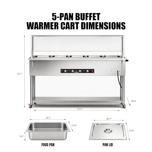 Steam Table, Commercial Food Warmer, 100QT 5-Pan, Dry Heat, Removable Work Table, Shield, 5 Independent Temperature Controls & Even Warming, 110V–120V, Undershelf & Locking Wheels - size: Dry Heat --100QT (110-120V)