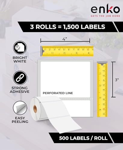 enKo 4 x 3 in 3 Rolls | 1500 Direct Thermal Address and Shipping Labels - size: 3 Rolls - 1,500 Labels