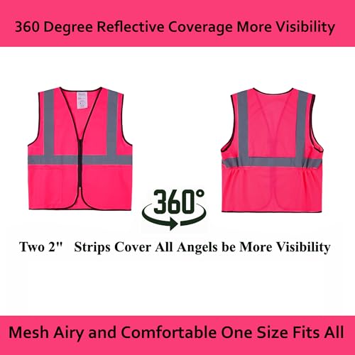 Pink Safety Vests 10 Pack - Reflective High Visibility Construction ANSI Class 2 Work Vests for Men,Woman with Zipper,Hi Vis Mesh and Neon Silver - color: Pink