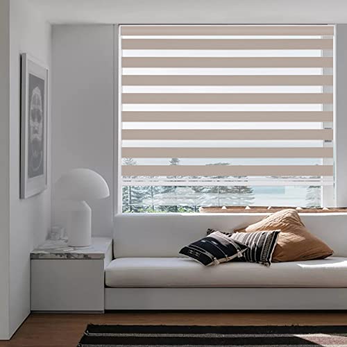 Changshade Custom Size Cordless Zebra Blinds for Indoor Window Light Control Dual Layer Roller Zebra Shades with Thermal Insulated for Office,Living Room,Easy Installation Beige Blackout Zebra Blind - color: Beige, size: Drill Installation-Custom Size
