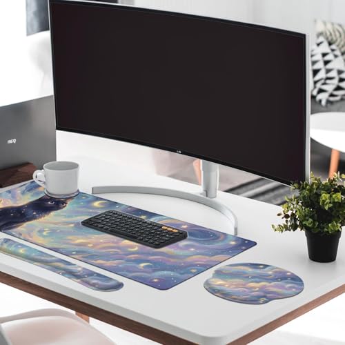 Britimes Keyboard Mouse Pad Set, 4 in 1 Desk Mat Set, Cat Starry - color: Starry Clouds and Cat