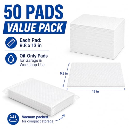 50 Pack Oil Absorbent Pads, Polypropylene oil Spill Mat 9.8 x 13 Inch Repels Water White Oil-Only Absorbing Protecting Sheets Garage Accessories for Automotive, Tools, Workshop & Storage Areas - color: White, 50 Pcs